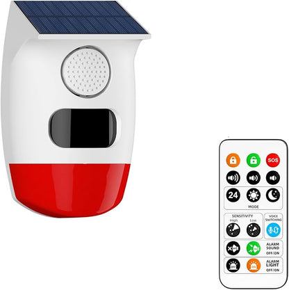 PGST Solar Strobe Alarm Light, Wireless Security Alarm with Remote Control, IP65 Waterproof Solar Powered Siren, 120dB Loud Sound for Home, Farm, Barn, Villa, Yard and Property Safety