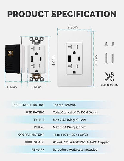 MOES USB Wall Outlet 20 Amp, USB-C and USB-A 24W Charging, White, 1 Pack