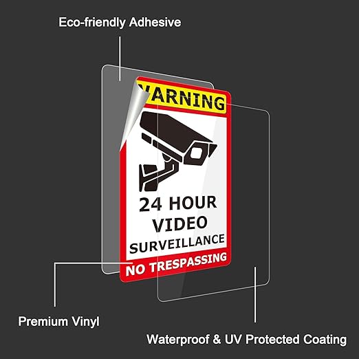 Wisdompro 10 Pack 24 Hour Video Surveillance Sign, CCTV Security Camera Sign, 4 x 6 Inch No Trespassing Warning Sticker, Indoor or Outdoor Use for Home, Business - UV Protected & Waterproof