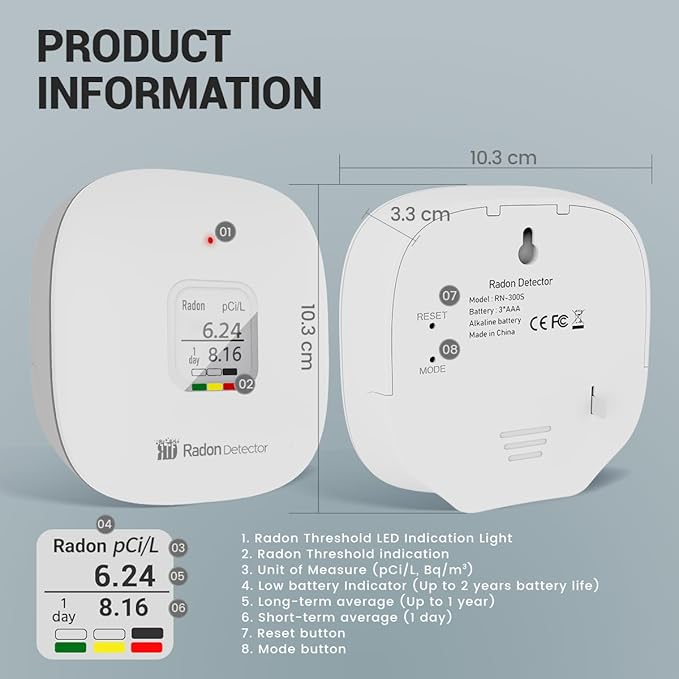 Radon Detector for Home, Office, Workplace, Hello Radon S, E-Ink Display, Alpha Spectrometer Sensor, 2-Year Battery Life, Wall Mounted & Free Standing, PCi/L & Bq/m³ Units Switchable