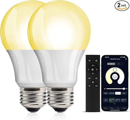 OUTON 2 Pack A19 LED Light Bulb with Remote Control, Efficient 9W LED Bulb (60Watt Equivalent), 810 LM, Dimmable, 3000K-6000K, E26 Base, LED Bulb with Timer for Living Room, Bedroom, 2 Bulb & 1 Remote