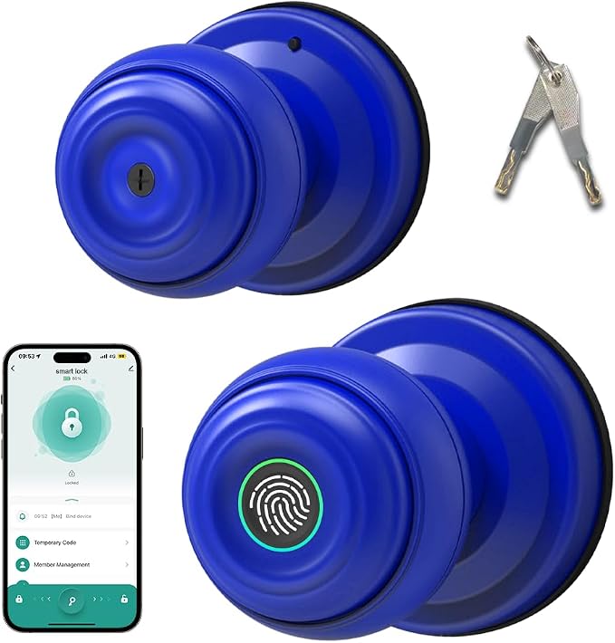 Smart Fingerprint Door Lock Knob, Tuya App Keyless Entry, Blue | Biometric Handle, Auto Lock, Remote Access，Easy Installation