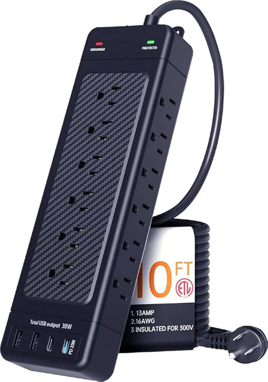 Surge Protector Power Strip 10ft Cord/High Joules Surge Protection (4800J)/Heavy Duty/Multiple outlets/Mountable/18AC/1875W/USB A+C(PD20W),Flat Plug,Commercial,Industrial,Office,Home,Black