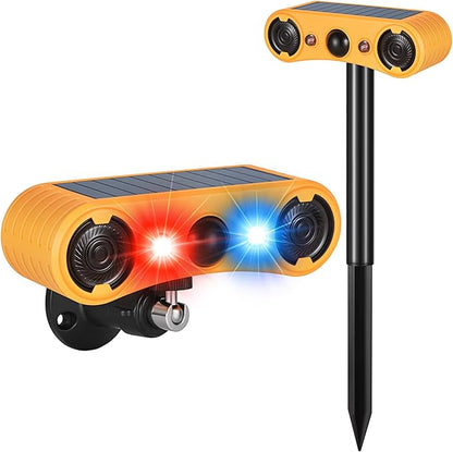 Solar Motion Sensor Alarm Outdoor, Red & Blue LED Strobe Light with 130dB Dual Speakers, 13 Loud Sounds Dog Barking & Siren, Continuous Loop Playback, 4 Modes for Deer Bear Coyote Fox Deterrent