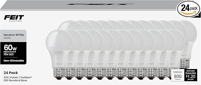 Feit Electric A19 LED Light Bulb, 60W Equivalent, E26 Medium Base, 800 Lumen, 3500K Neutral White light, Indoor/Outdoor General-purpose Light Bulbs, 11,000-Hour Lifetime, A800835/10KLED/MP/24, 24 Pack