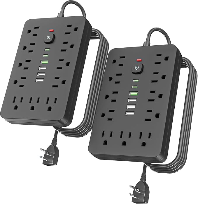 JouleLoom 17-in-1 Surge Protector Power Strip,2 Pack 6FT Flat Plug Cord, 11 AC Outlets +6 USB Ports (2 Type-C), 10A/1250W, Single Touch On/Off Switch
