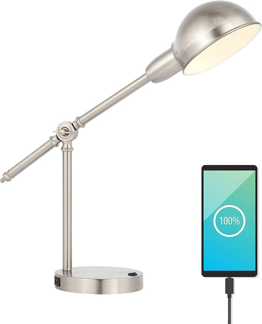 JONATHAN Y Curtis Task Lamp 20.25" Industrial Metal Adjustable USB, Nickel | Vintage Style, Dome Shade, LED Bulb Included, Perfect For Home Office Or Nightstand