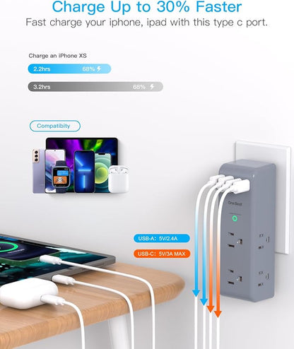 Surge Protector Outlet Extender, Multi Plug Wall Outlet, Rotating Plug,Grey