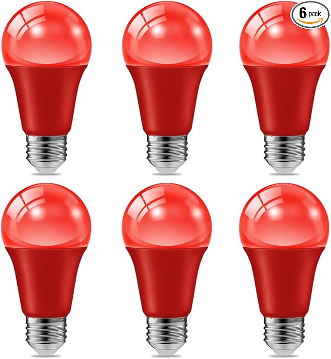 haraqi 6 Pack 9W (60W Equivalent) 120V E26 Base A19 LED Colored Light Bulb, Red LED Lights for Party Christmas Decor and Halloween Lighting
