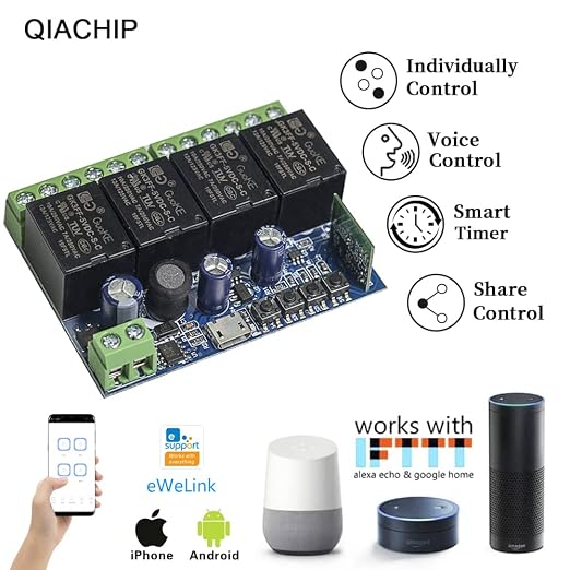 Ewelink WiFi Wireless Smart Relay Module DC 7V 12V 24V 36V 48V 4 Channel Inching Self-Lock Latched Dry Contact Remote Switch for Motor, Compatible with Alexa Google Home(2PCS 4CH)