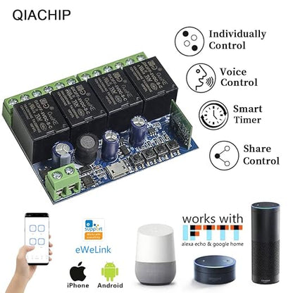 Ewelink WiFi Wireless Smart Relay Module DC 7V 12V 24V 36V 48V 4 Channel Inching Self-Lock Latched Dry Contact Remote Switch for Motor, Compatible with Alexa Google Home(2PCS 4CH)
