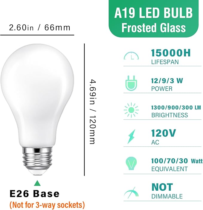 KEIVO A19 3-Level Brightness, Adjustable via Standard Switch(Not for 3-Way Sockets), 100W/70W/30W Equivalent, Daylight 5000K, 12W/9W/3W, E26 Base, Frosted, 4-Pack