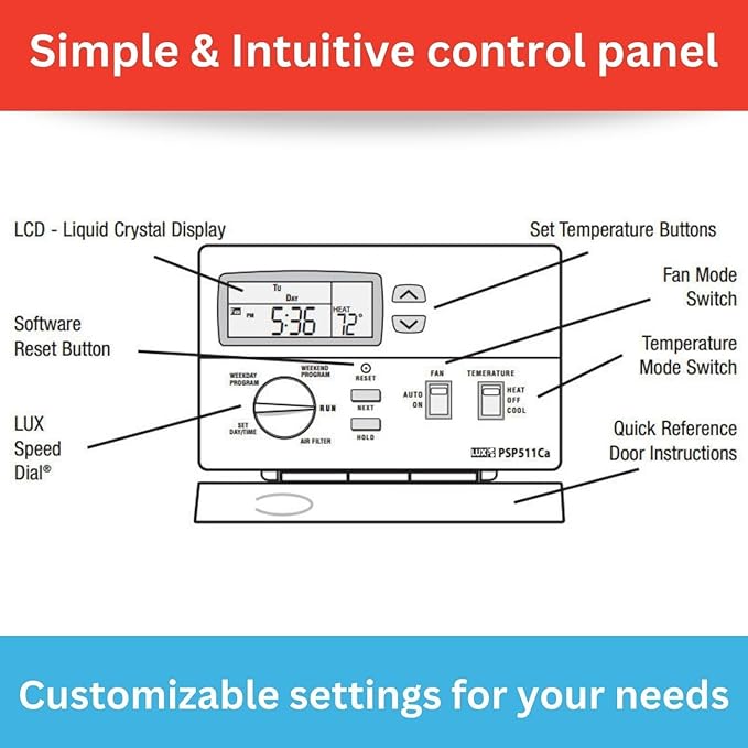Lux Pro Programmable Thermostat for Home Use; 1 Heat, 1 Cool, Model PSP511LC, 5-2 Day with Backlight