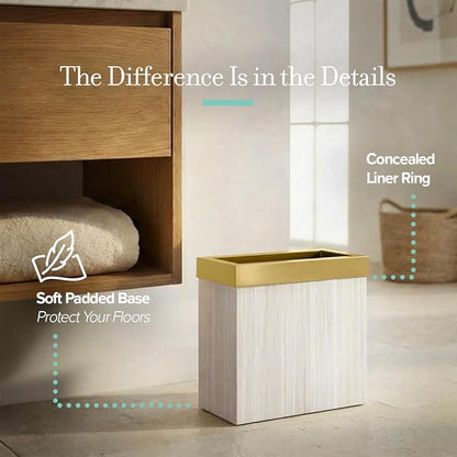 Gatco Modern Rectangle Wastebasket, White Oak/Brushed Brass Lid - Stainless Steel Trash Can with Removable Lid, Leakproof, 3 Gallon Capacity for Bathroom, Bedroom, Kitchen, or Office