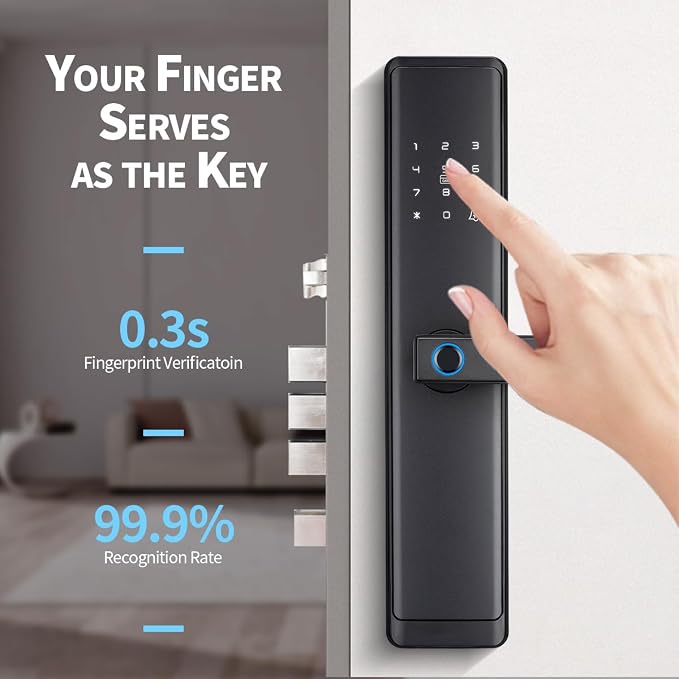 Sophies Keyless Entry Smart Lock with Handle, WiFi Door Lock, Tuya APP Control - Front Door Lock with Keypad and Anti-Peeping Password Grey