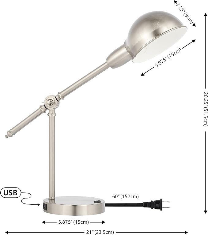 JONATHAN Y Curtis Task Lamp 20.25" Industrial Metal Adjustable USB, Nickel | Vintage Style, Dome Shade, LED Bulb Included, Perfect For Home Office Or Nightstand