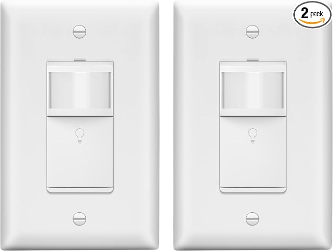 LIDER PIR Vacancy Motion Sensor Switch, LED, UL Listed, Matte White, 2-Pack | 1200 Sq. Ft. Coverage, No Neutral Required, No Ground Required, Adjustable Time Delay, Wall Plate Included, Guide Light