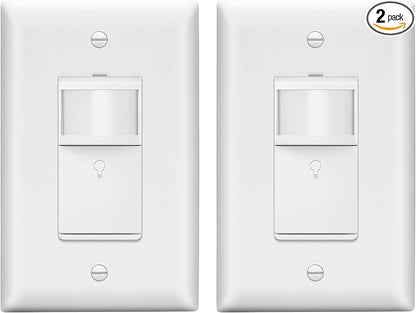 LIDER PIR Vacancy Motion Sensor Switch, LED, UL Listed, Matte White, 2-Pack | 1200 Sq. Ft. Coverage, No Neutral Required, No Ground Required, Adjustable Time Delay, Wall Plate Included, Guide Light