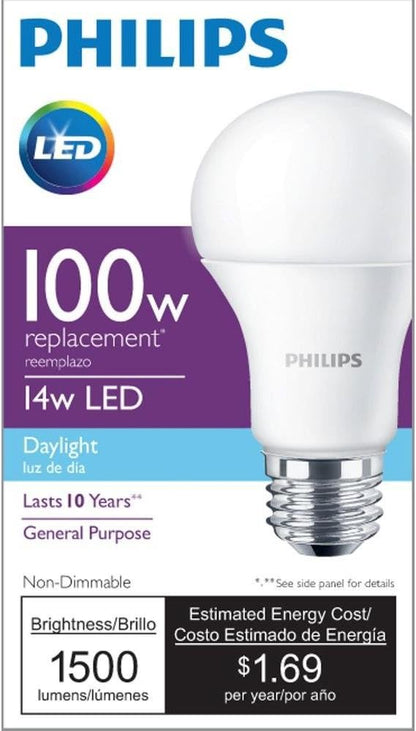 PHILIPS LED Non-Dimmable A19 Frosted Light Bulb: 1500-Lumen, 5000-Kelvin, 14-Watt (100-Watt Equivalent), E26 Medium Screw Base, Daylight, 4-Pack, 455717