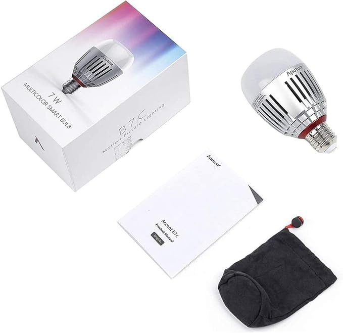 Aputure Accent B7C Smart Led Light Bulbs 7W RGBWW,2000k-10000k Bi Color,CCT/HSI/FX Mode,App Control Built-in Battery, E26/E27 Socket One Pack