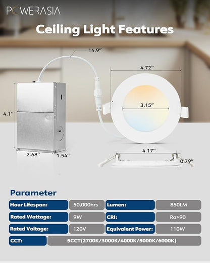 POWERASIA 2 Pack Recessed Lighting 4 Inch with Junction Box, 2700K/3000K/4000K/5000K/6000K Dimmable Flush Mount Ceiling Light, 9W 850lm Canless Recessed Lighting-ETL and Energy Star Certified