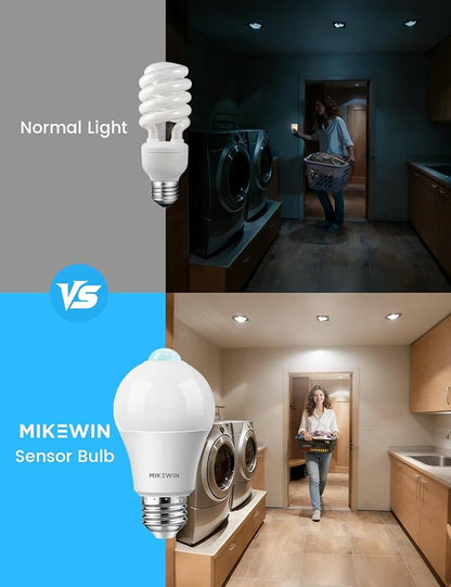 MikeWin Motion Sensor Light Bulbs Outdoor 4 Packs 13W(100W Equivalent) Security LED Bulb, Indoor E26, A19, 5000K Daylight Dusk to Dawn Bulb for Garage Front Door Porch Stairs Hallway