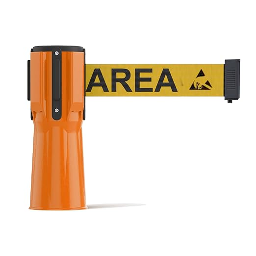 Trafford Industrial Cone-Mounted Retractable Belt Barrier, 11 Ft | ESD Protected Area in Black Letters on Yellow 2-inch Herringbone Webbing, Orange ABS Case, 4-way Receiver and Belt Braking.