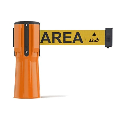 Trafford Industrial Cone-Mounted Retractable Belt Barrier, 11 Ft | ESD Protected Area in Black Letters on Yellow 2-inch Herringbone Webbing, Orange ABS Case, 4-way Receiver and Belt Braking.