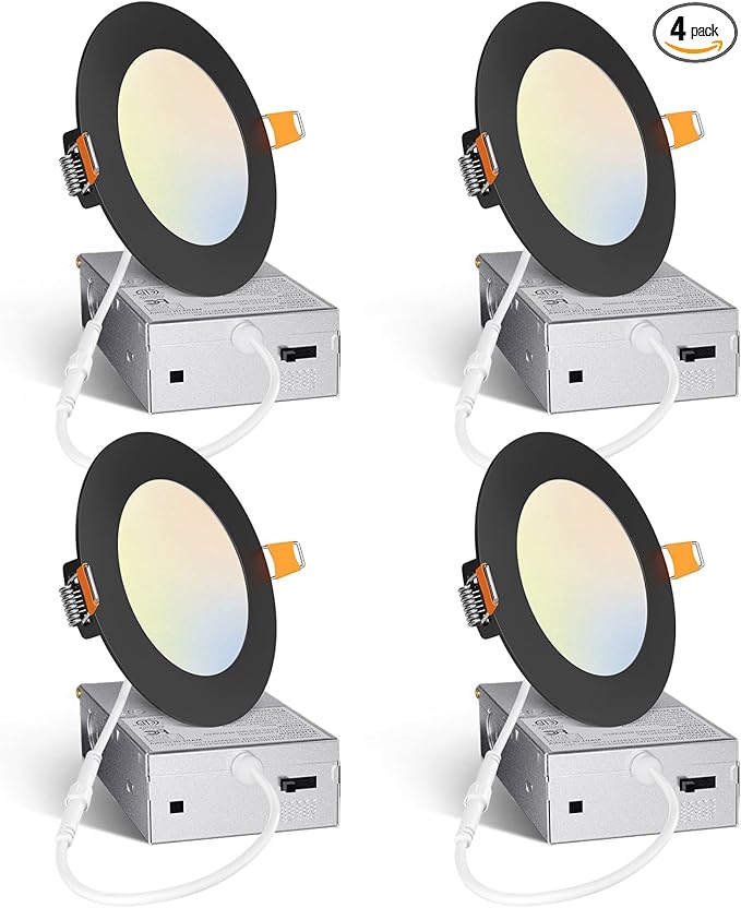Amico 4 Pack 4 Inch Black 5CCT Ultra-Thin LED Recessed Light with Junction Box, 2700K/3000K/3500K/4000K/5000K Selectable, 10W Eqv 60W 800LM Dimmable Canless Wafer Downlight, ETL & FCC