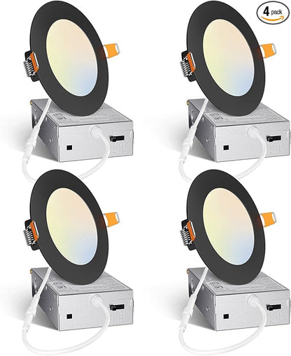 Amico 4 Pack 4 Inch Black 5CCT Ultra-Thin LED Recessed Light with Junction Box, 2700K/3000K/3500K/4000K/5000K Selectable, 10W Eqv 60W 800LM Dimmable Canless Wafer Downlight, ETL & FCC