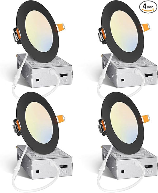 Amico 4 Pack 4 Inch Black 5CCT Ultra-Thin LED Recessed Light with Junction Box, 2700K/3000K/3500K/4000K/5000K Selectable, 10W Eqv 60W 800LM Dimmable Canless Wafer Downlight, ETL & FCC