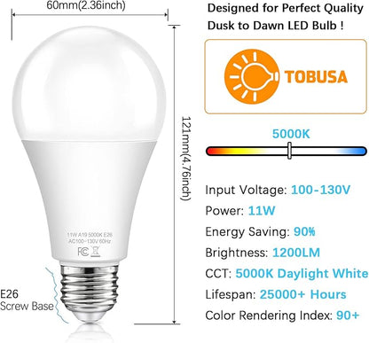 Dusk to Dawn Light Bulbs Outdoor 100 Watt Equivalent, 11W Automatic On/Off Sensor Light Bulb Daylight 5000K, A19 Outdoor LED Light Bulbs Photocell for Porch Garage Yard Security, E26 Base, 4-Pack
