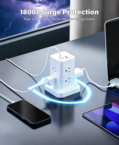 Power Strip Tower with Surge Protector 1800J, Fast Charging Tower PD20W USB-C Ports with 8 AC Outlets, Extension Cord for Home Office Dorm Room, White, 8FT