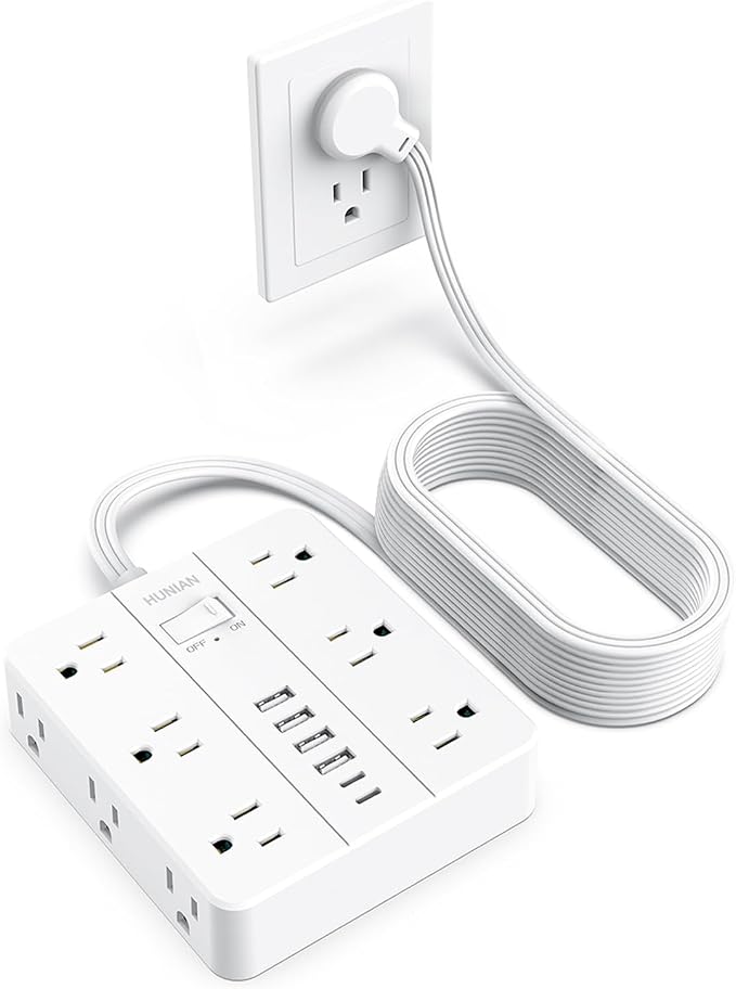 Extension Cord Power Strip, HUNIAN 20Ft Flat Plug Extension Cord | 12 Widely Spaced Multiple Outlets 6 USB (2 USB C Ports), Outlet Extender with Power Switch for Home Office Supplies, White