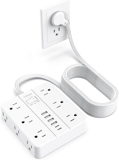 Extension Cord Power Strip, HUNIAN 20Ft Flat Plug Extension Cord | 12 Widely Spaced Multiple Outlets 6 USB (2 USB C Ports), Outlet Extender with Power Switch for Home Office Supplies, White
