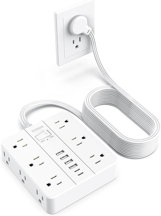 Extension Cord Power Strip, HUNIAN 20Ft Flat Plug Extension Cord | 12 Widely Spaced Multiple Outlets 6 USB (2 USB C Ports), Outlet Extender with Power Switch for Home Office Supplies, White