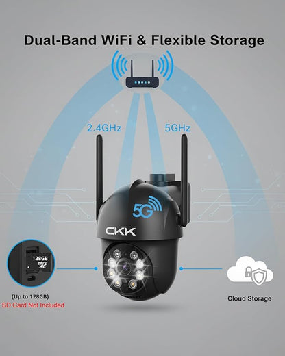 CKK 2K Security Camera Outdoor Corded Power, 4 Pcs 3MP PTZ WiFi Home Security Camera - 2.4G/5G Dual-Band, 360° Pan-Tilt, Color Night Vision, Motion Alerts, 2-Way Audio, 24/7 Recording, Waterproof