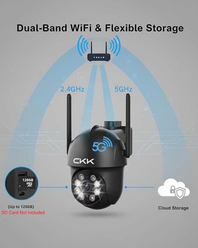 CKK 2K Security Camera Outdoor Corded Power, 3MP PTZ WiFi Home Security Camera - 2.4G/5G Dual-Band, 360° Pan-Tilt, Color Night Vision, Motion Alerts, 2-Way Audio, 24/7 Recording, Waterproof