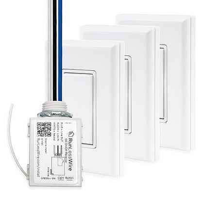 RunLessWire 4-Way Battery-Free DIY Wireless Light Switch Kit 150ft RF Range Self-Powered by Kinetic Energy for Hallways & Stairways: 3 Remote Switches Control 1 5A On/Off Receiver White