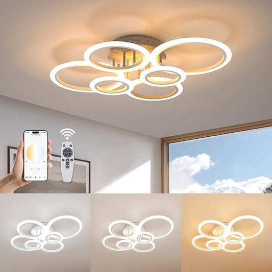 72W 6 Ring LED Ceiling Light Dimmable for Living Bedroom Kitchen | Smart App & Remote Control, 2800K-7000K Adjustable, Modern Flush Mount Ceiling Lamp for Multi-scene Indoor