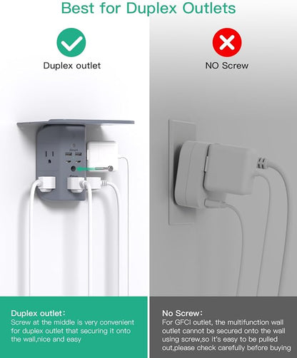 Wall Outlet Extender with Shelf and Night Light, Surge Protector, USB Wall Charger with 5 AC Outlets and 2 USB A Ports 2 USB C Ports Wide Space 3-Sided Power Strip Multi Plug Outlets, Gray