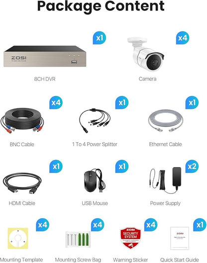ZOSI 8CH 3K Lite Home Security Camera System, AI Human/Vehicle Detection, 120ft Night Vision, 4pcs 1080P Metal Weatherproof Cameras with Audio, H.265+ 8Channel DVR with 1TB HDD for 24/7 Recording