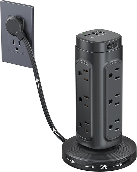 TROND Retractable Power Strip Tower - Flat Plug Surge Protector Power Strip with USB C PD 20W, 5ft Extension Cord with Multiple Outlets, 1700 Joules, Office Desk Supplies, Dorm Room Essentials, Black