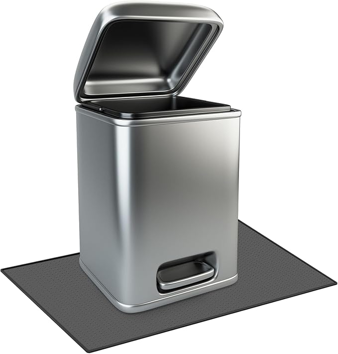Tinideya Waterproof Trash Can Mat with Raised Edge Non Slip Under Garbage Mat Trash Can Pads Protective Silicone Rubber Tray for Kitchen to Avoid Spills Floor Scratches(Black,15.8" X 23.6")