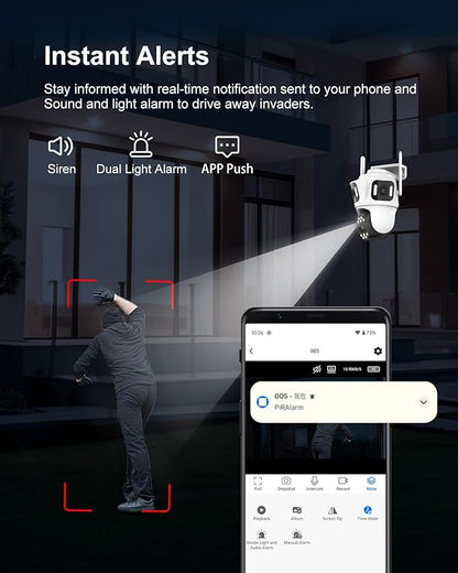 9MP Triple-Lens Wireless Outdoor Security Camera with 16FT Extension Cable, Three Cameras in One, 360° Pan/Tilt, No Blind Spot, Auto Tracking, 24/7 Recording, Night Vision, 2-Way Audio, IP66