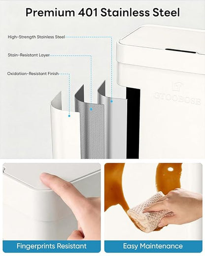13 Gallon / 50L Touchless Automatic Trash Can, Slim Motion Sensor Kitchen Garbage Can, Stainless Steel, Soft Close Lid, Fingerprint Resistant, Hands-Free, Odor Control, White