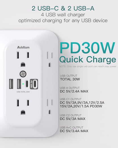 Addtam 6-Outlet Extender Surge Protector, Multi Plug Wall Outlet with 4 USB Wall Charger(PD 30W), Plug Extension Outlet with 1800J, Outlet Splitter Power Strip for Home Office, White
