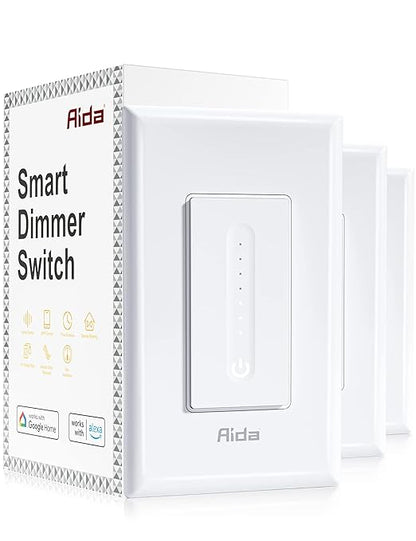 AIDA Smart Dimmer Light Switch, Single Pole Dimmer Switch Works with Alexa and Google Assistant, 2.4GHz WiFi Switch for LED, CFL, Incandescent Bulbs, Need Neutral Wire, No Hub Required, White, 3 Pack