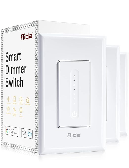 AIDA Smart Dimmer Light Switch, Single Pole Dimmer Switch Works with Alexa and Google Assistant, 2.4GHz WiFi Switch for LED, CFL, Incandescent Bulbs, Need Neutral Wire, No Hub Required, White, 3 Pack