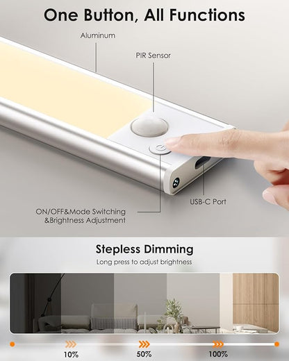 VerRon 10in Under Cabinet Lighting, Upgraded 2200mAh Rechargeable Under Cabinet Lights Wireless, LED Motion Sensor Light Indoor Closet Lights Under-Counter Light Fixtures for Kitchen, Hallway, 2-Pack